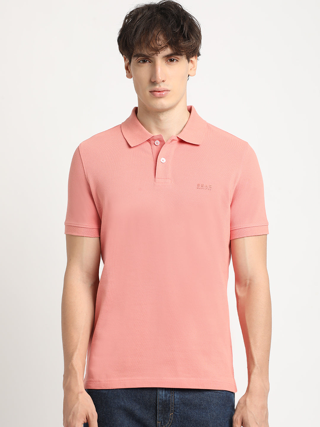 Men Peach Solid Slim Fit Polo Collar T-shirt