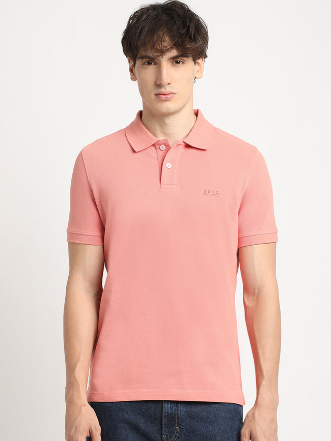 Men Peach Solid Slim Fit Polo Collar T-shirt
