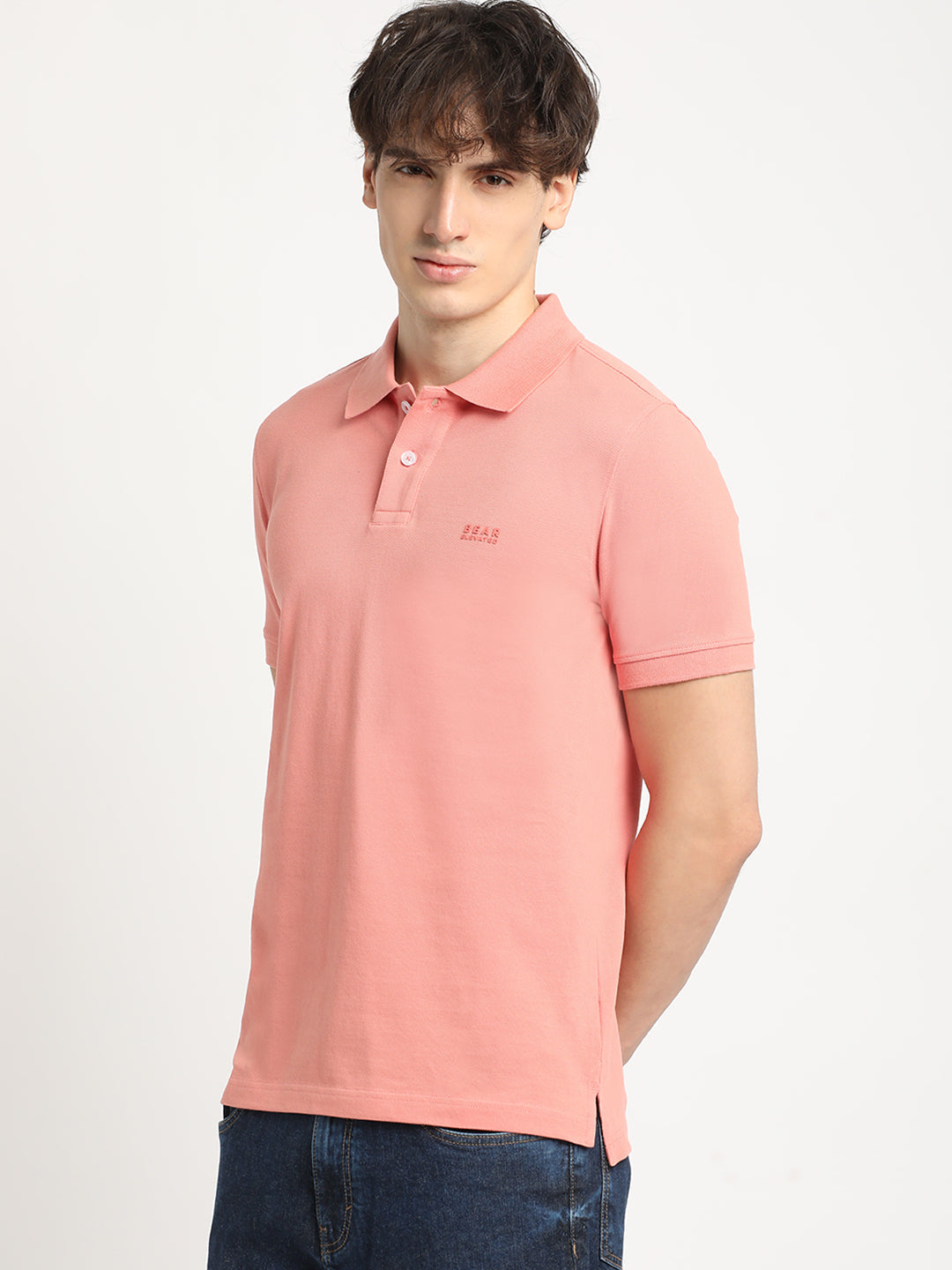 Men Peach Solid Slim Fit Polo Collar T-shirt