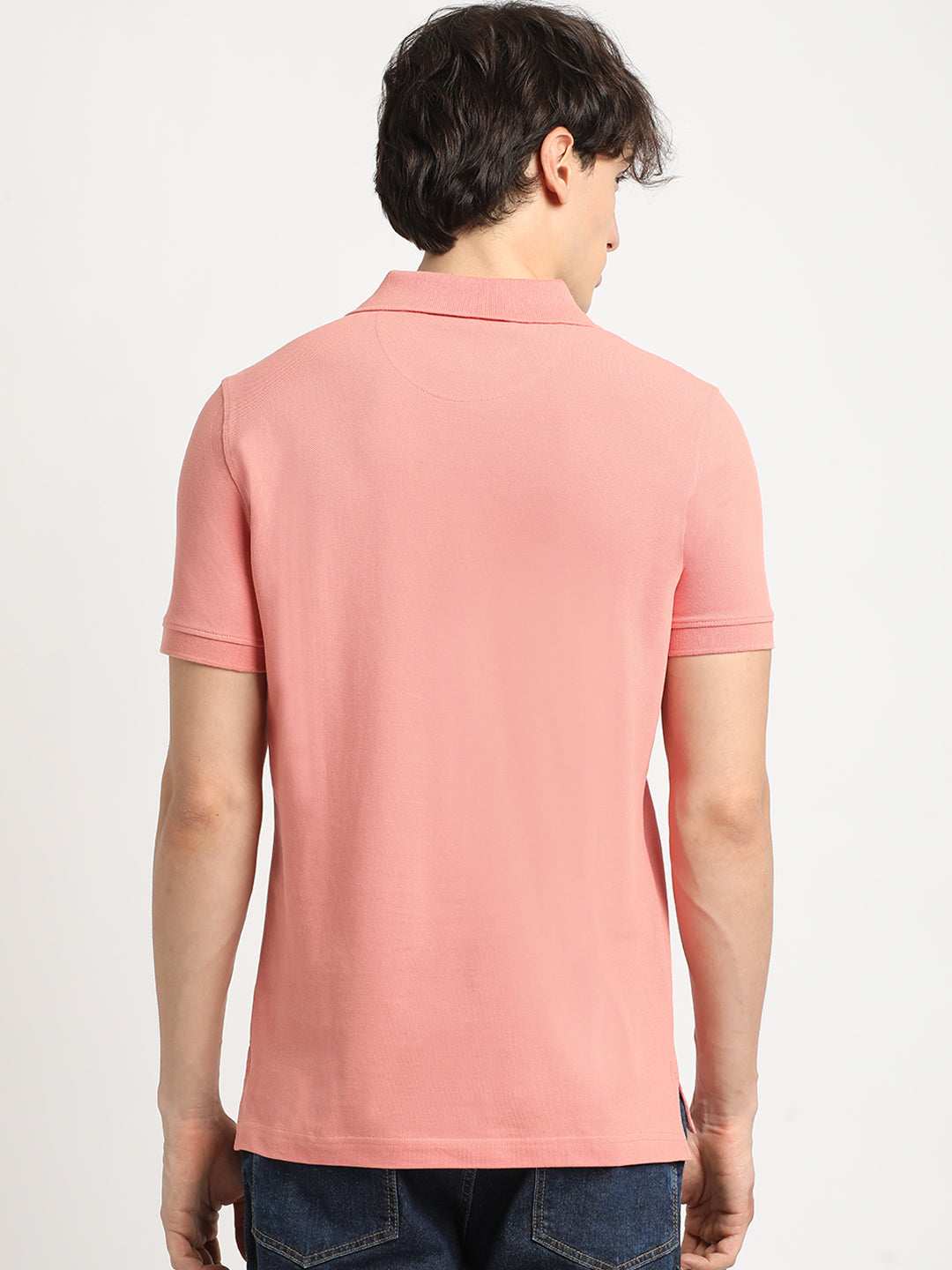 Men Peach Solid Slim Fit Polo Collar T-shirt
