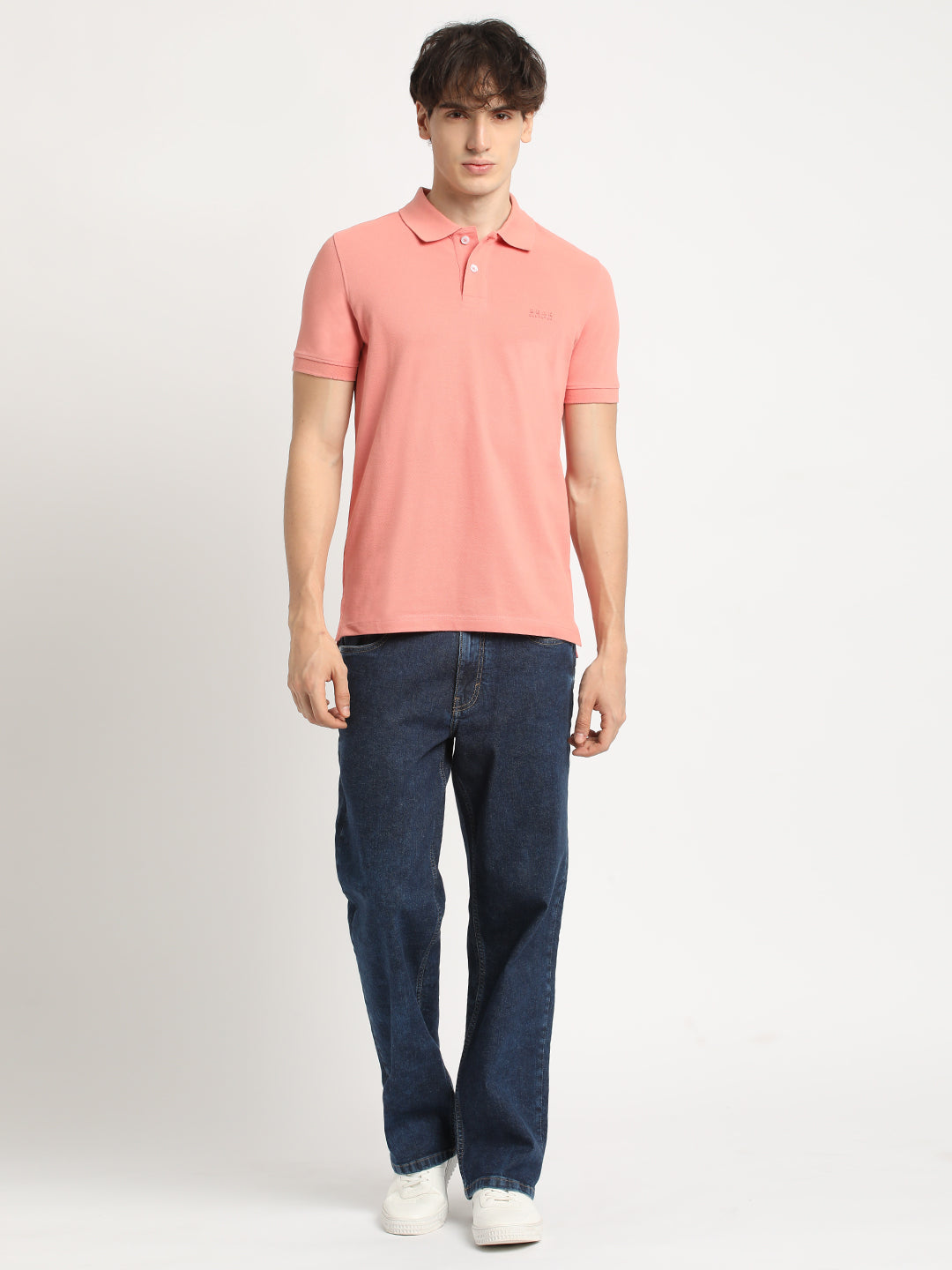 Men Peach Solid Slim Fit Polo Collar T-shirt