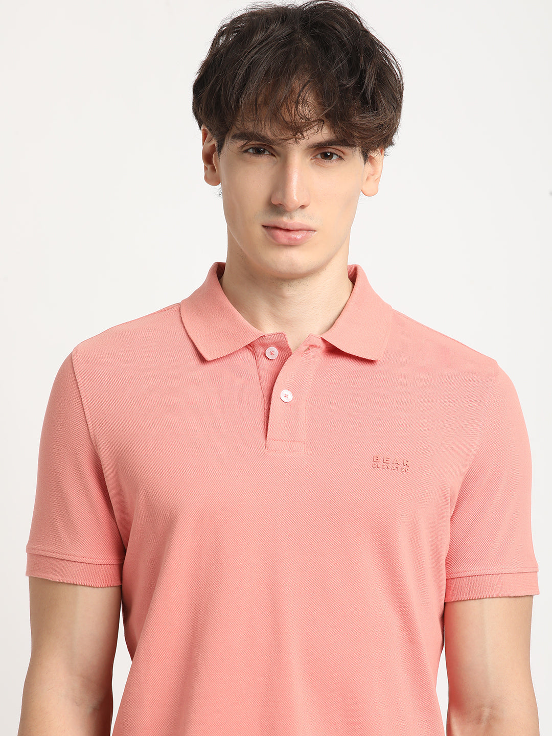 Men Peach Solid Slim Fit Polo Collar T-shirt