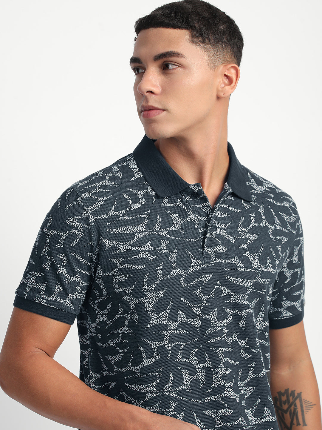 Men Blue Printed Slim Fit Polo T-Shirt
