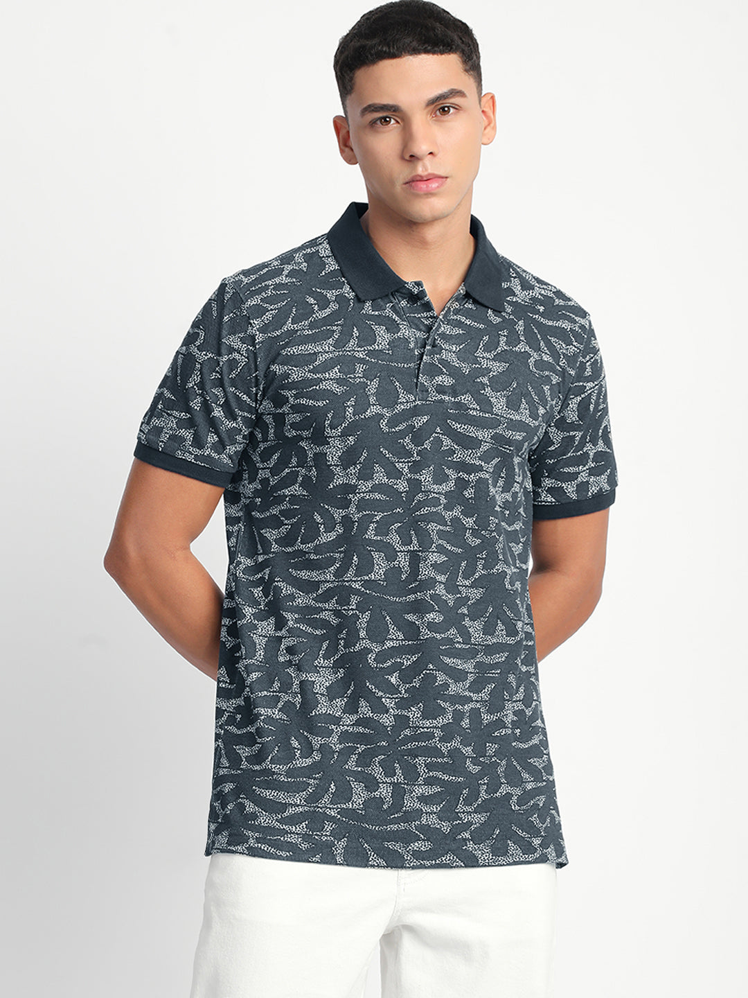 Men Blue Printed Slim Fit Polo T-Shirt