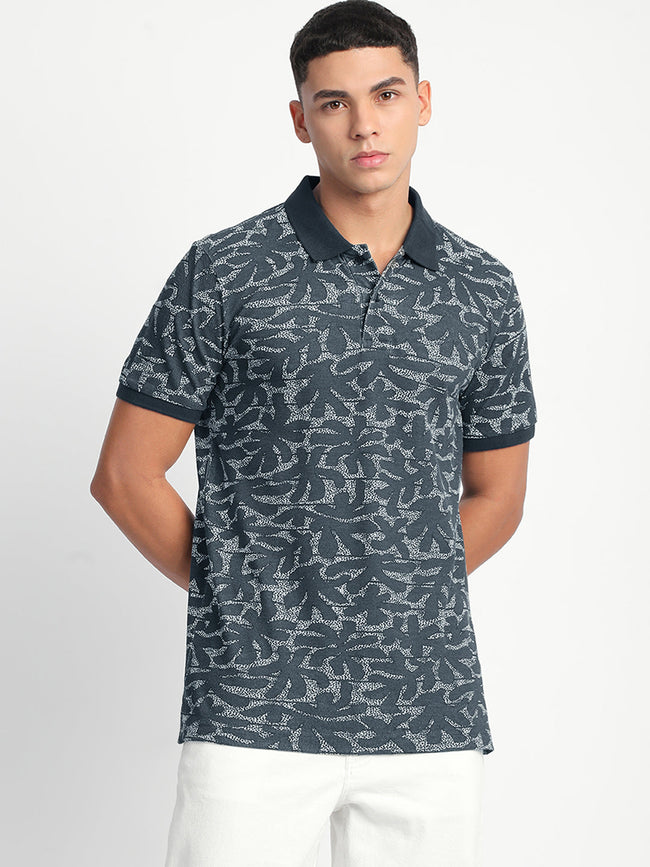 Men Blue Printed Slim Fit Polo T-Shirt