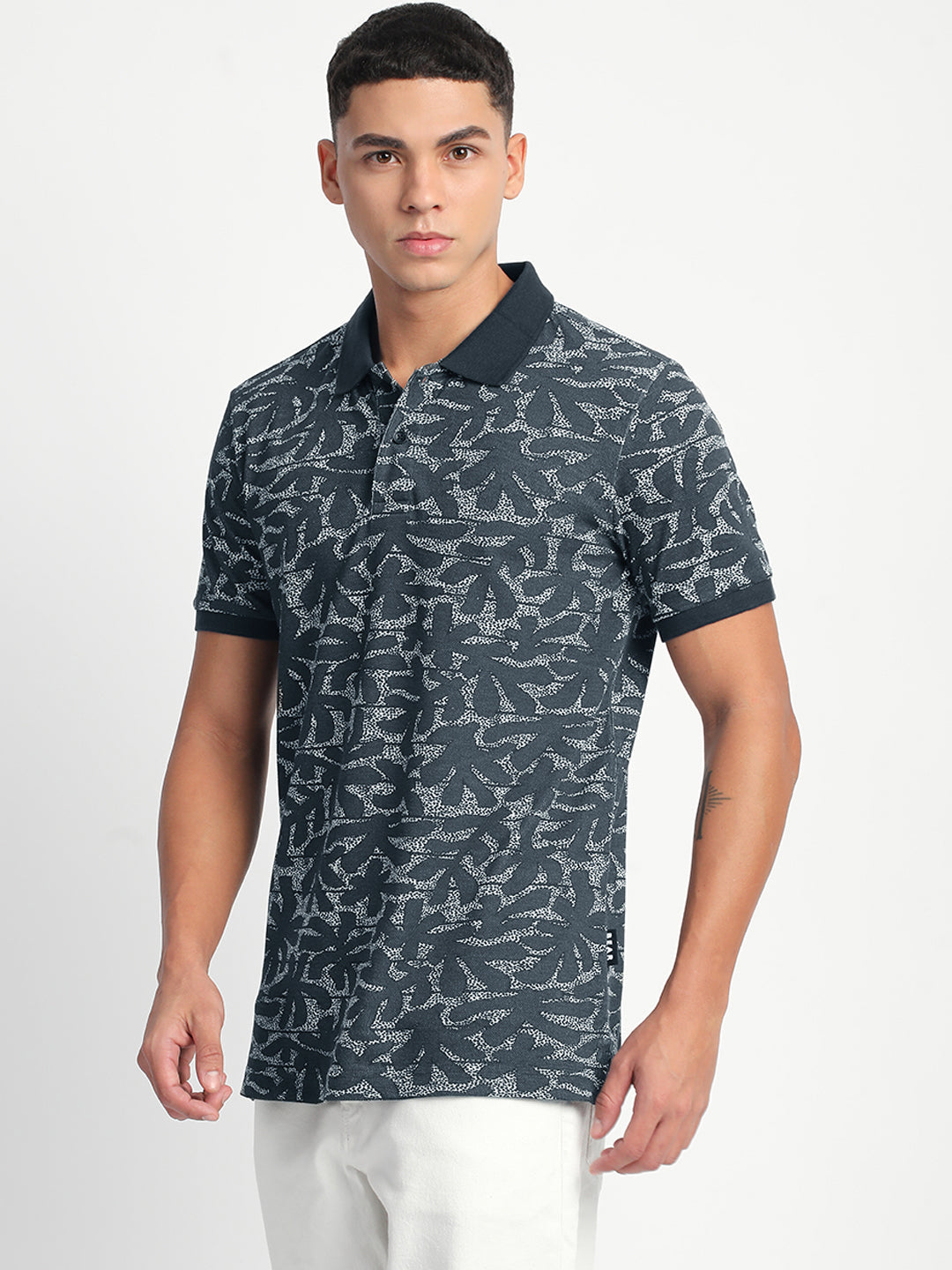Men Blue Printed Slim Fit Polo T-Shirt