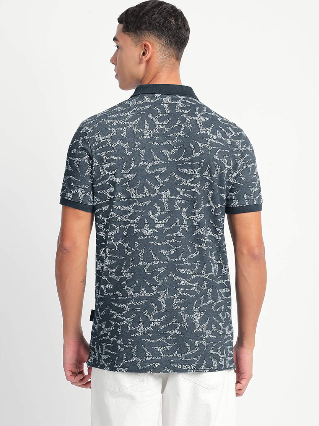 Men Blue Printed Slim Fit Polo T-Shirt