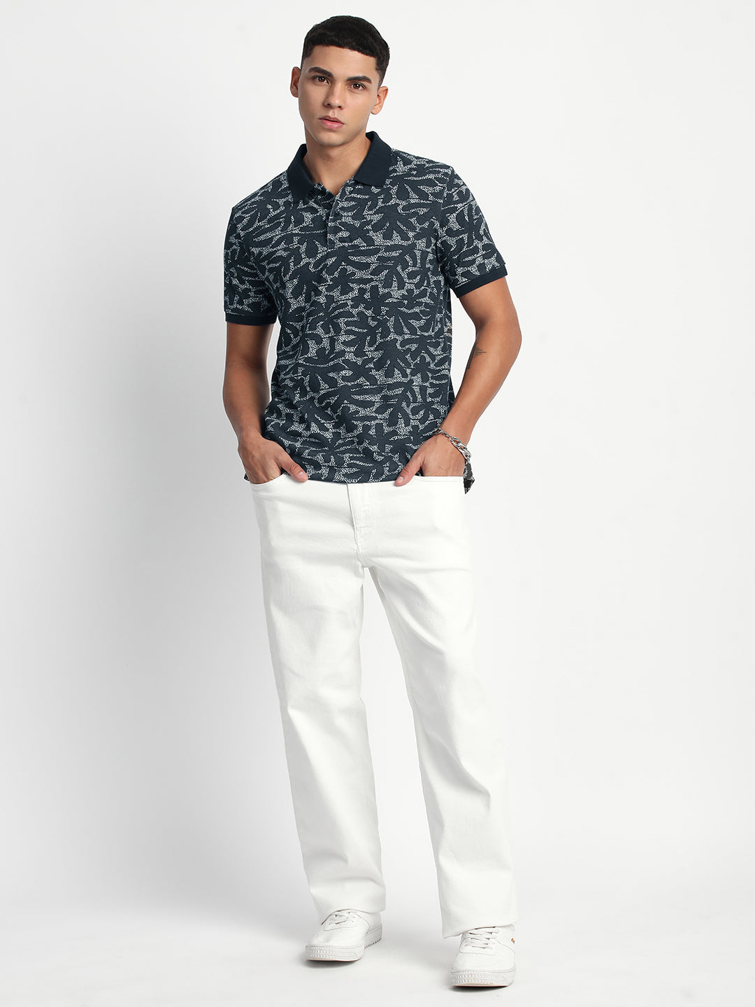 Men Blue Printed Slim Fit Polo T-Shirt