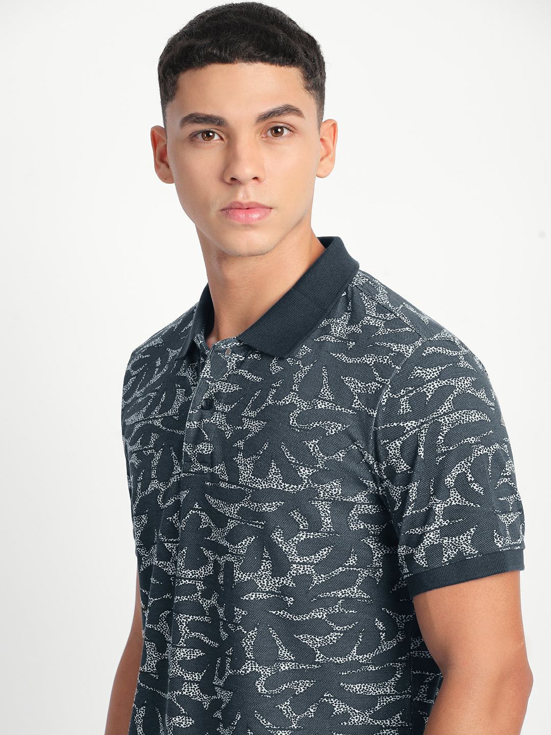 Men Blue Printed Slim Fit Polo T-Shirt