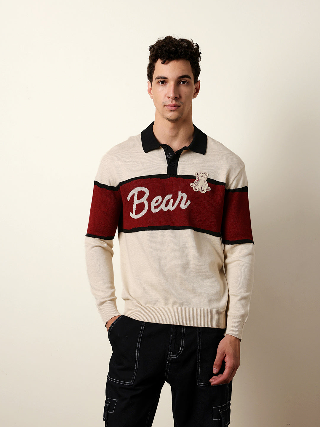 Men Beige Full Sleeve Polo T-Shirt