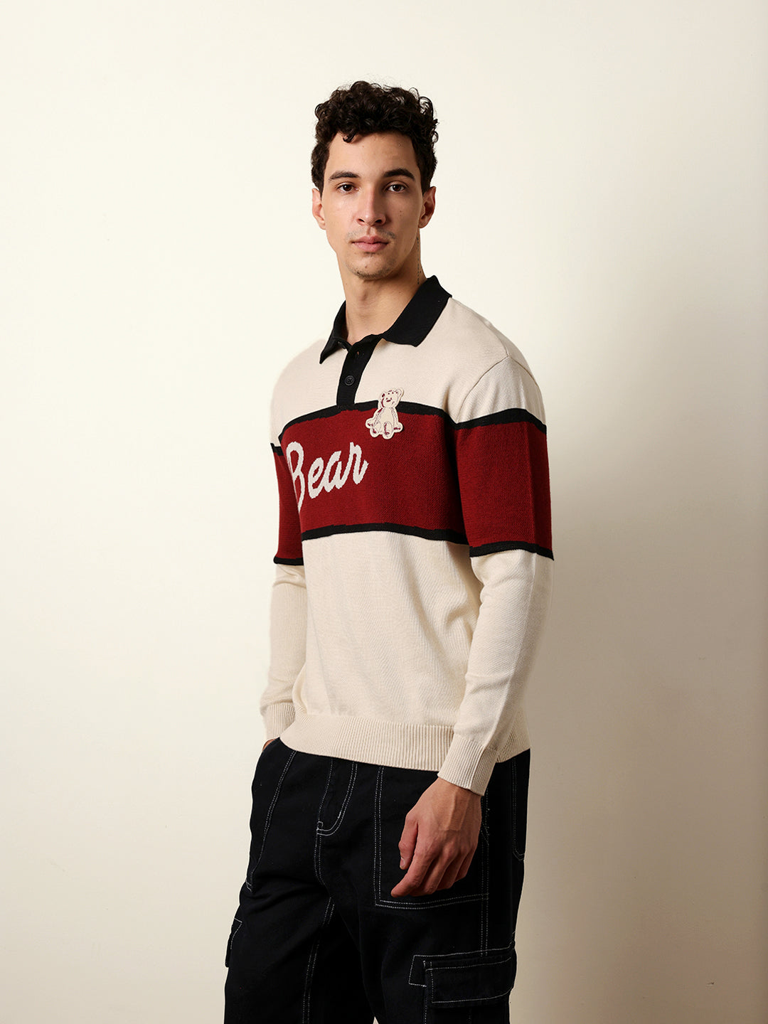 Men Beige Full Sleeve Polo T-Shirt