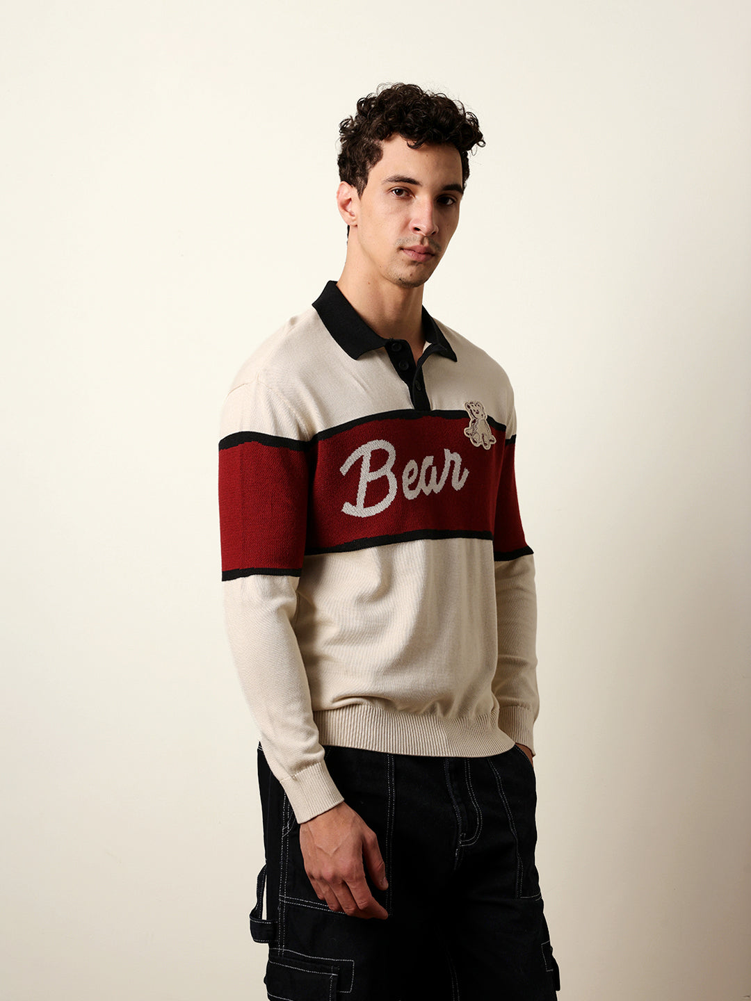Men Beige Full Sleeve Polo T-Shirt