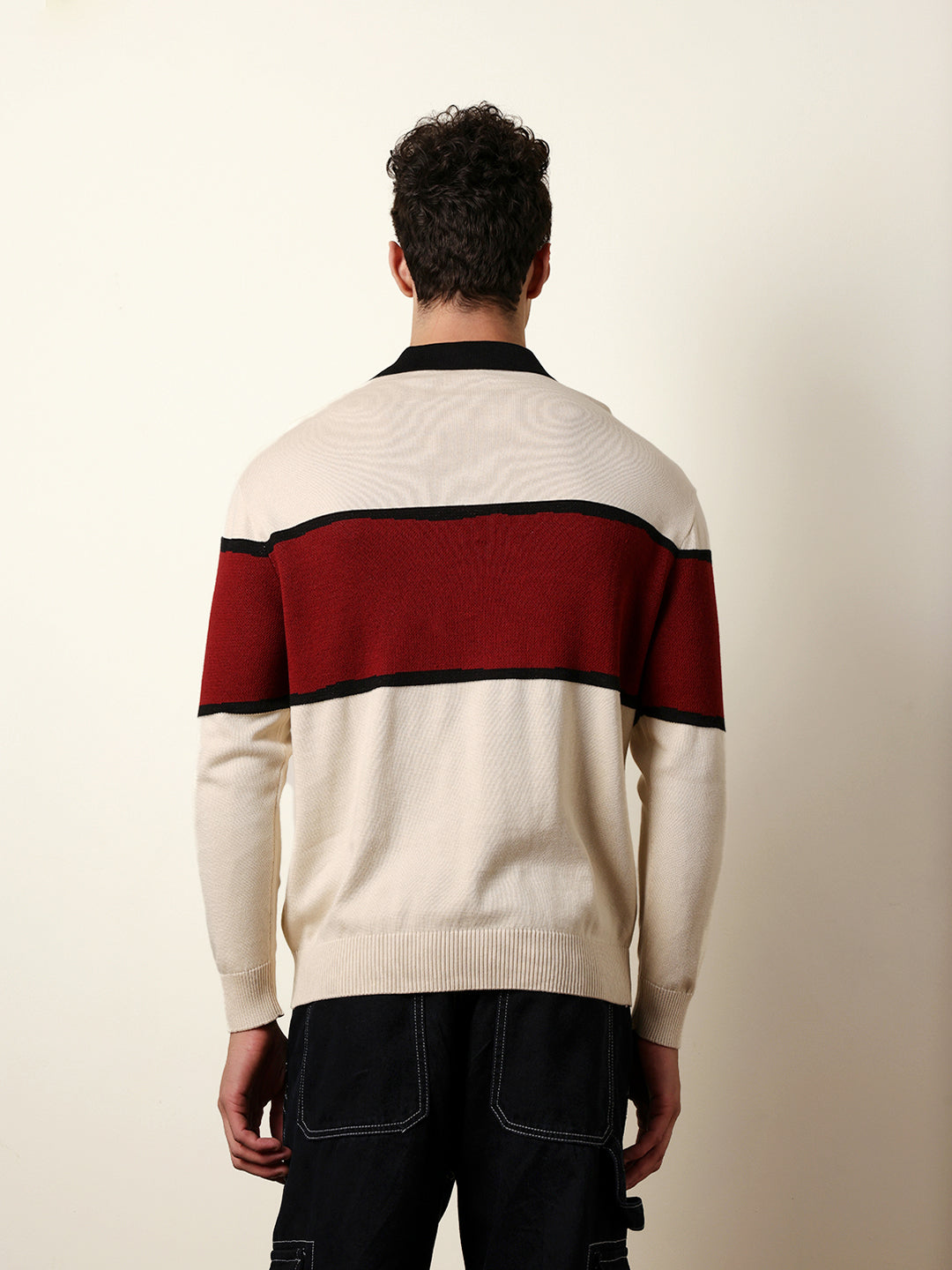 Men Beige Full Sleeve Polo T-Shirt