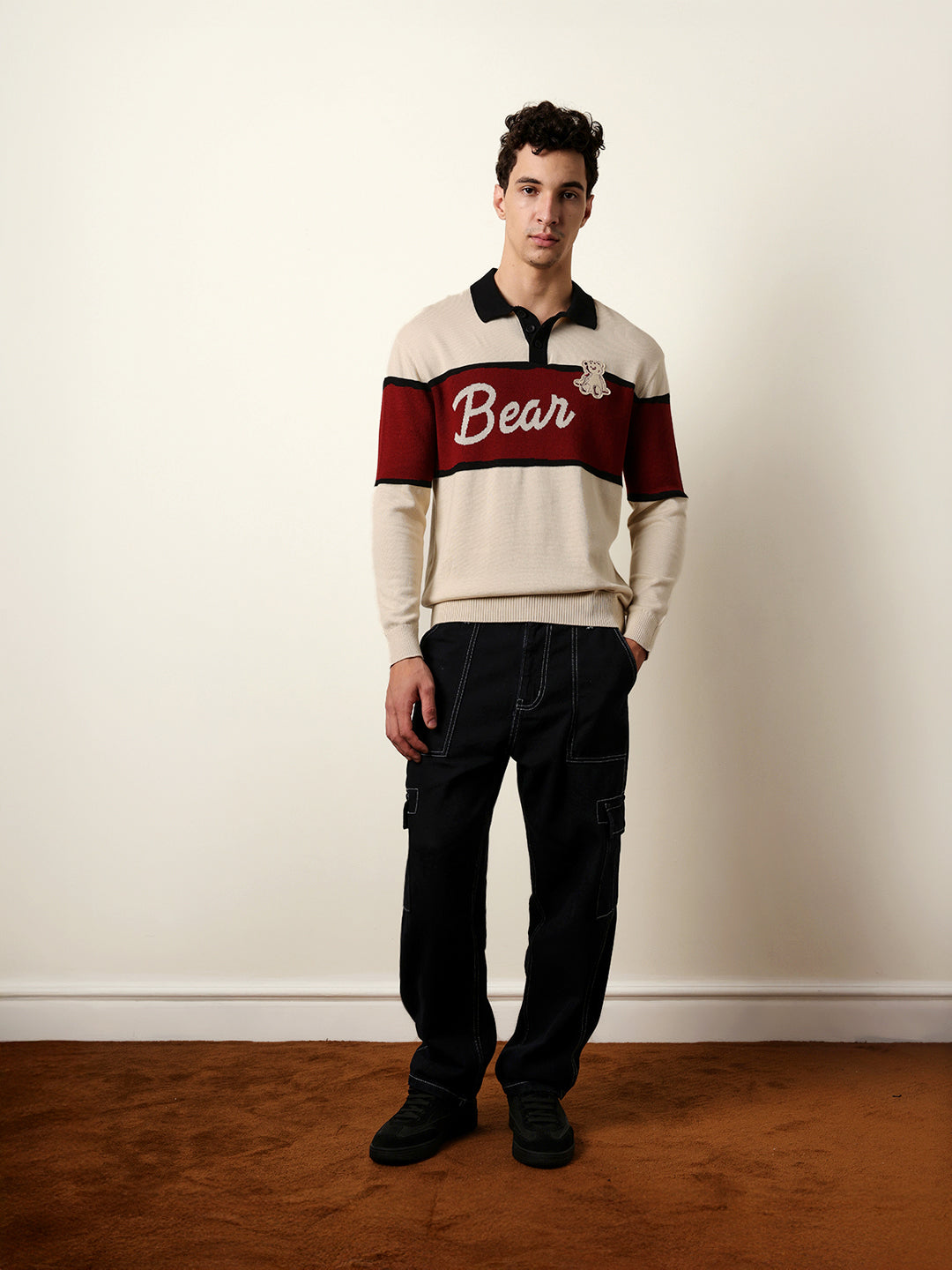 Men Beige Full Sleeve Polo T-Shirt