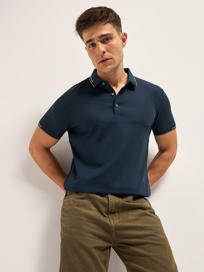 Men NavyContrast Piping Slim Fit Polo T-shirt