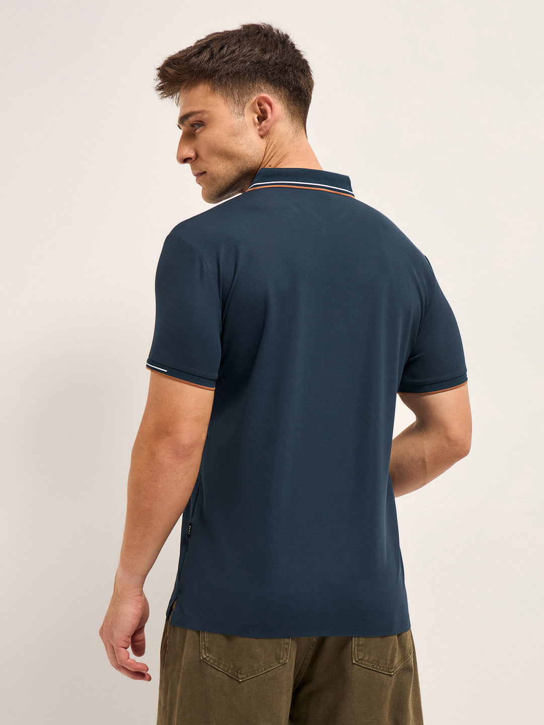 Men NavyContrast Piping Slim Fit Polo T-shirt