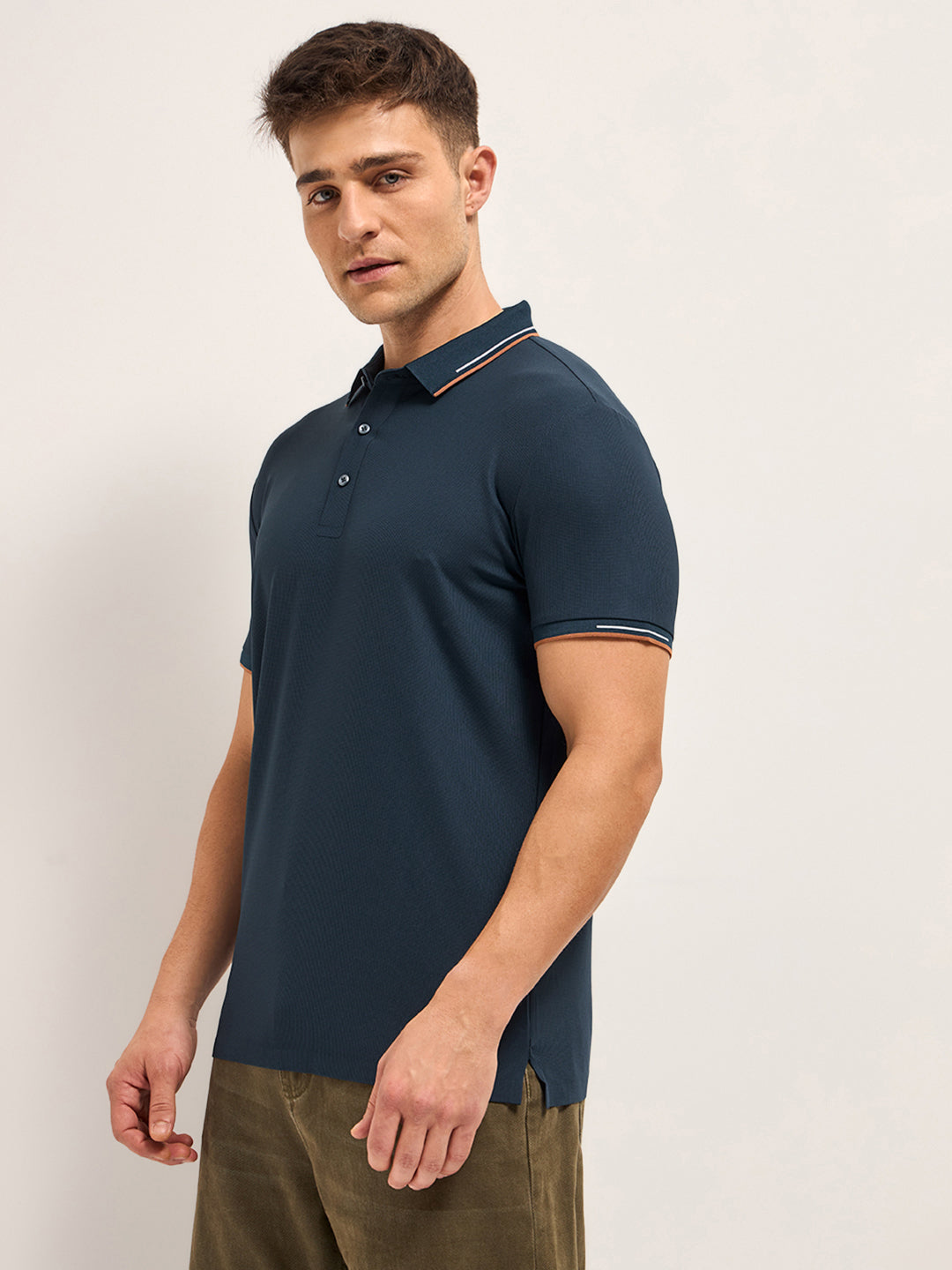 Men NavyContrast Piping Slim Fit Polo T-shirt
