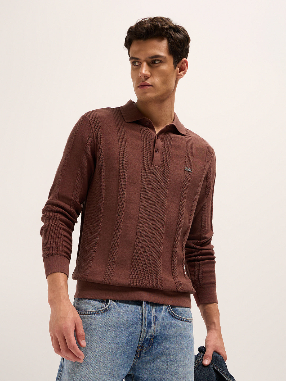 Men Cotton Knitted Textured Polo T-Shirt