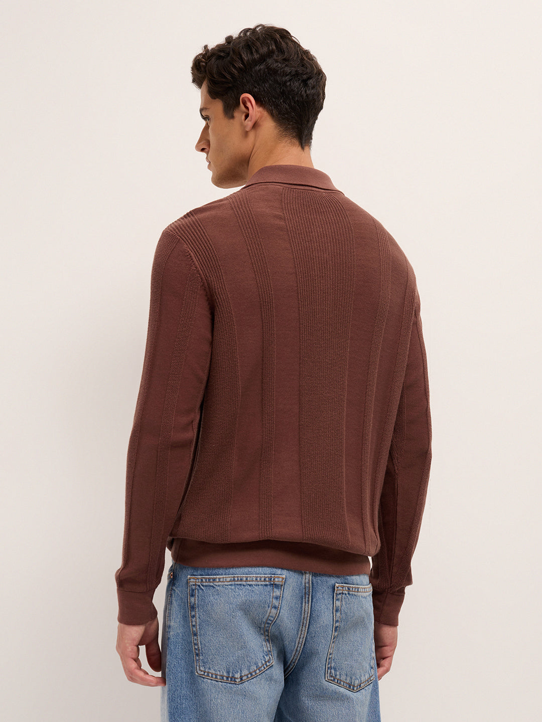 Men Cotton Knitted Textured Polo T-Shirt