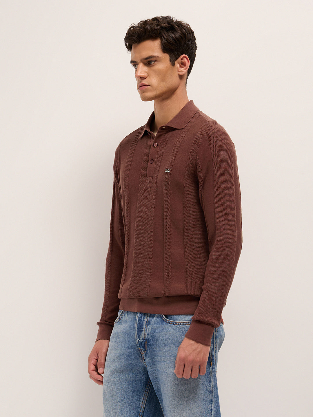 Men Cotton Knitted Textured Polo T-Shirt