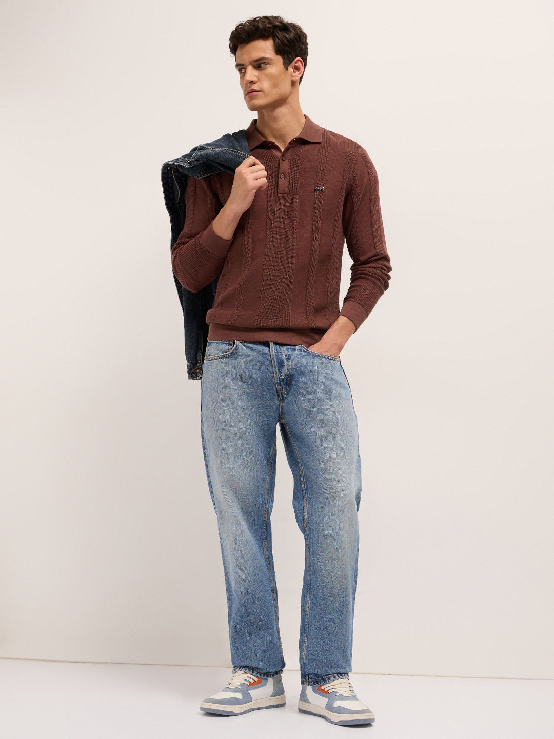 Men Cotton Knitted Textured Polo T-Shirt