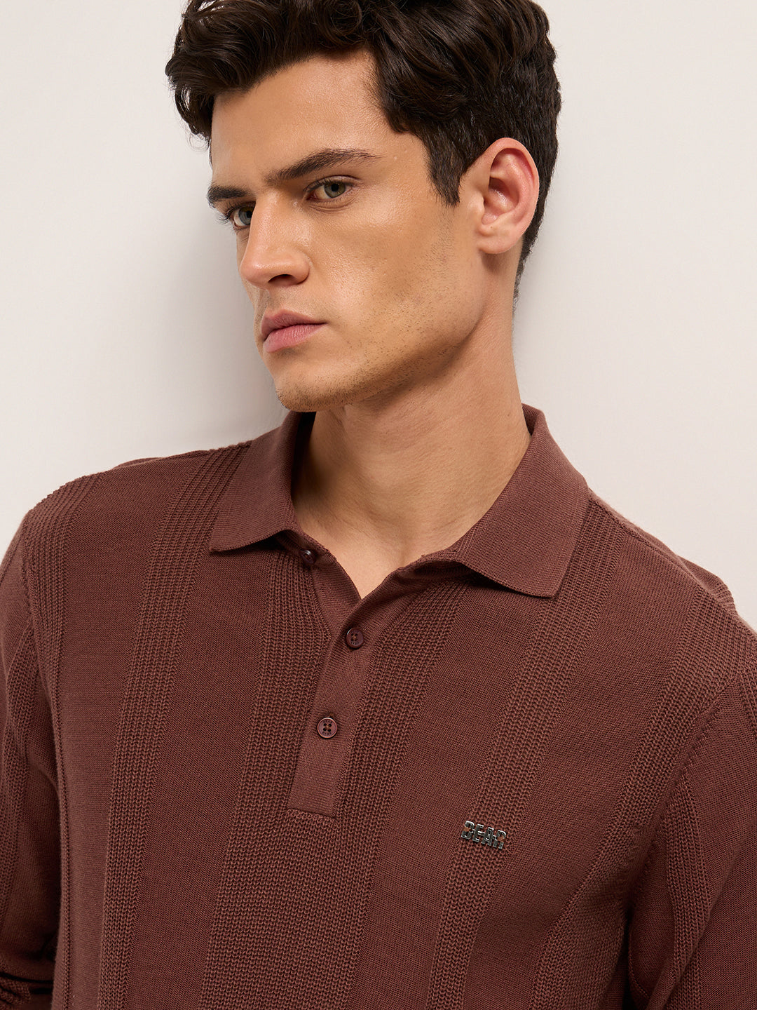 Men Cotton Knitted Textured Polo T-Shirt