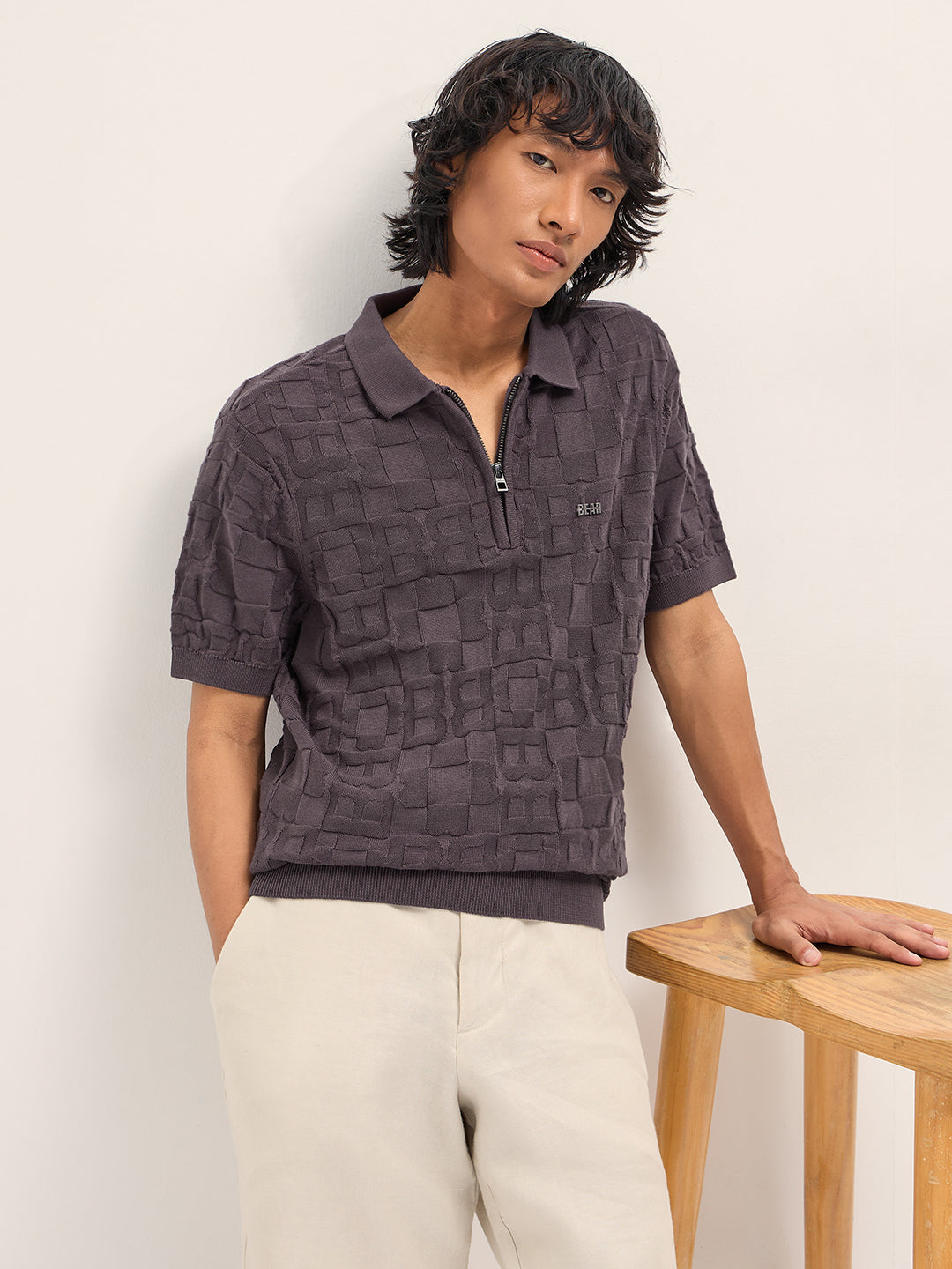 Men Brown Self Design Cotton Polo