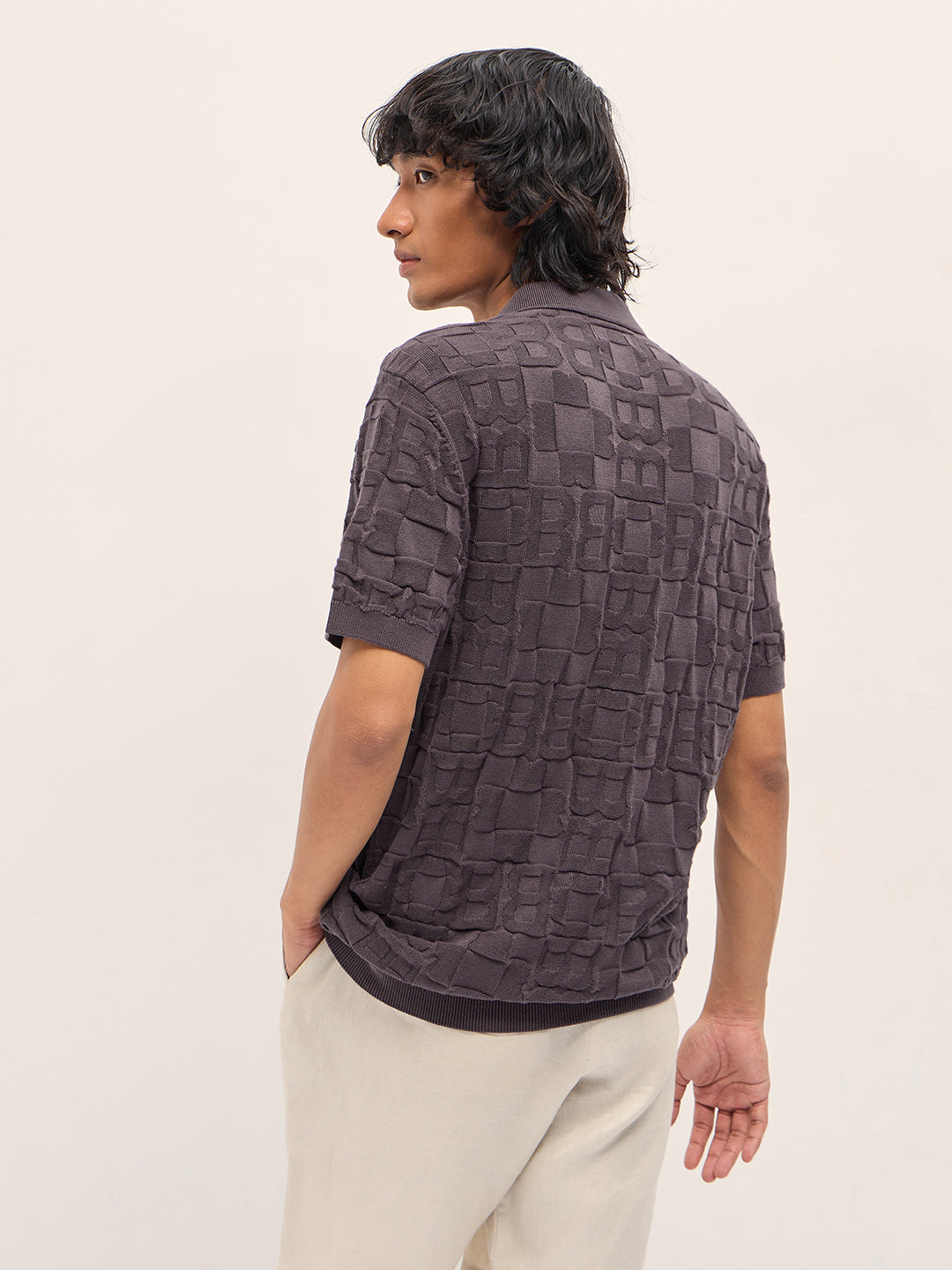 Men Brown Self Design Cotton Polo