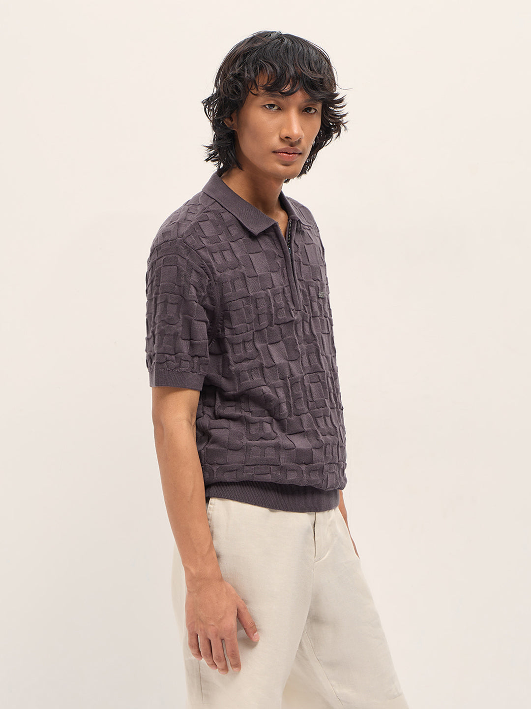 Men Brown Self Design Cotton Polo