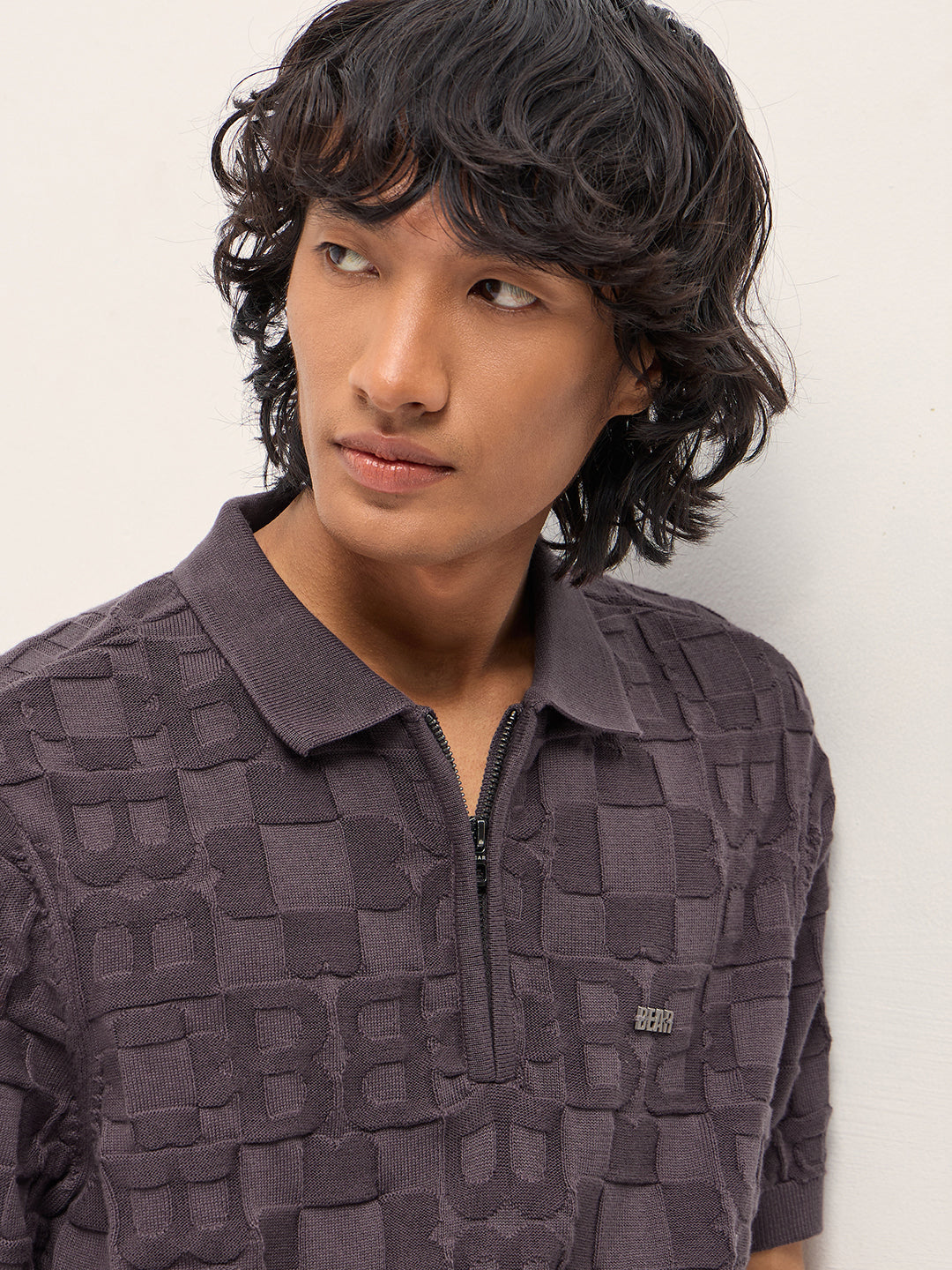 Men Brown Self Design Cotton Polo