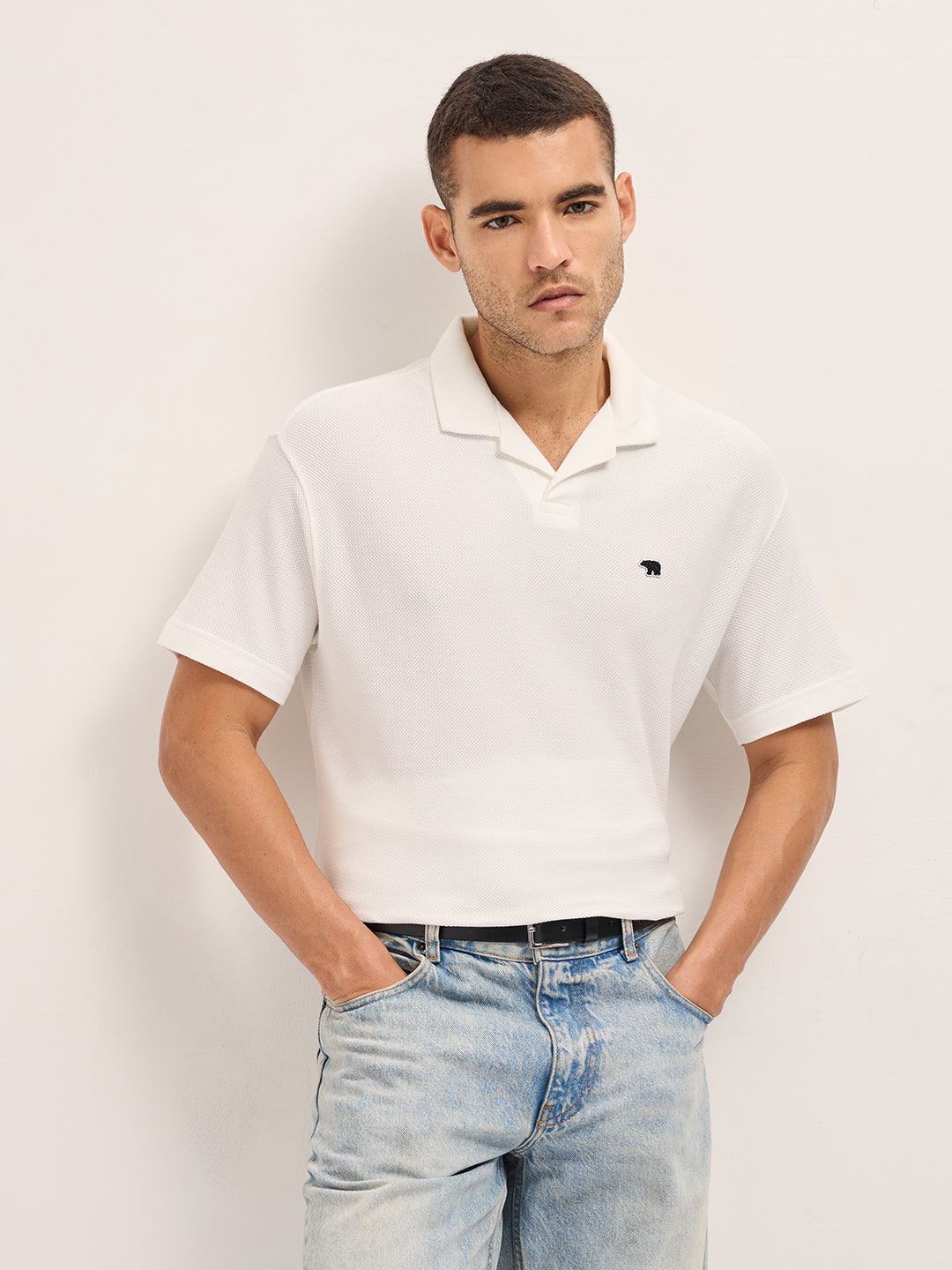 Men White Textured Knit Relax Fit Polo