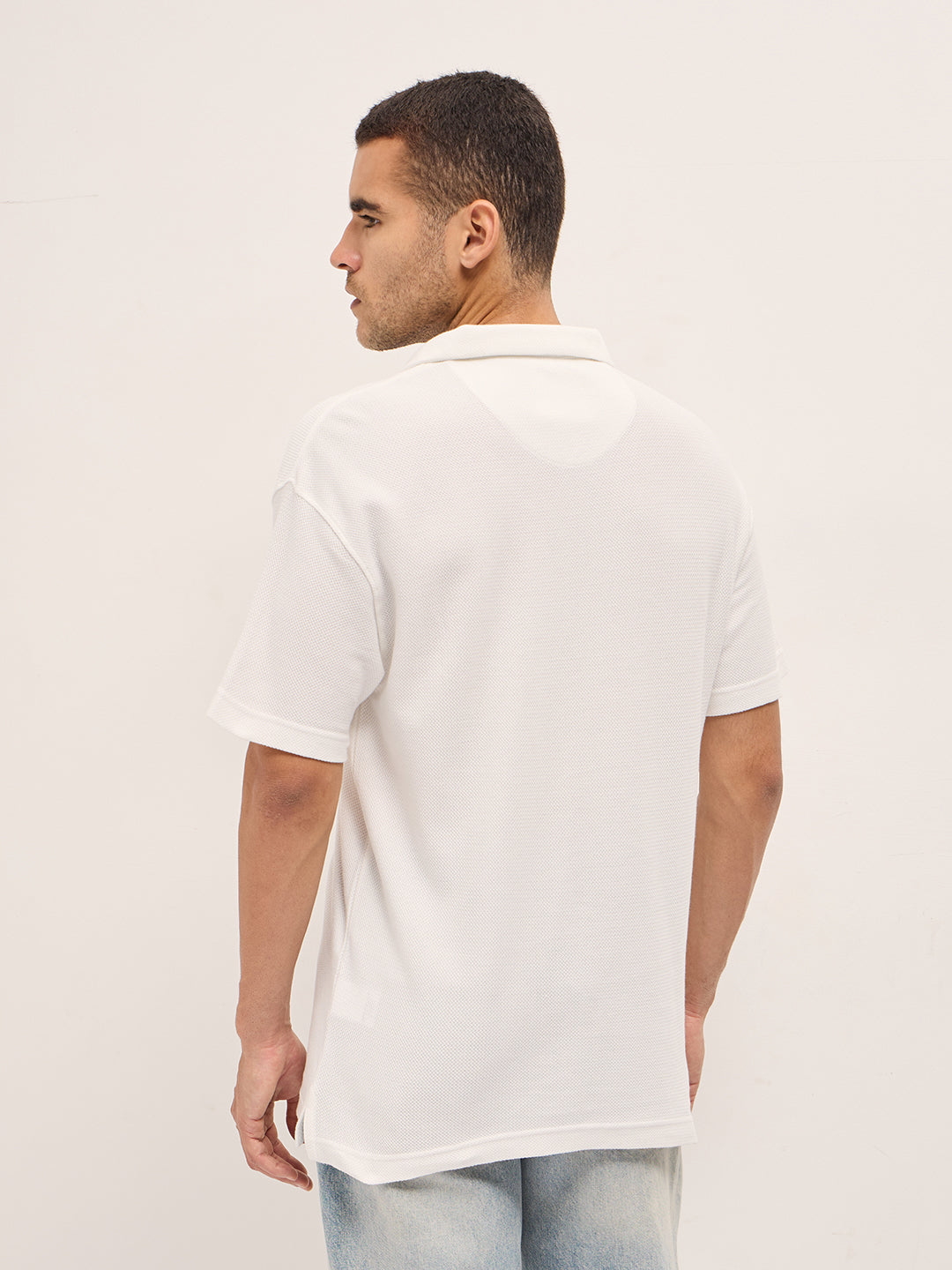 Men White Textured Knit Relax Fit Polo