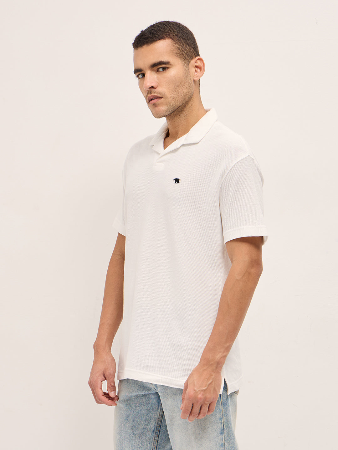 Men White Textured Knit Relax Fit Polo