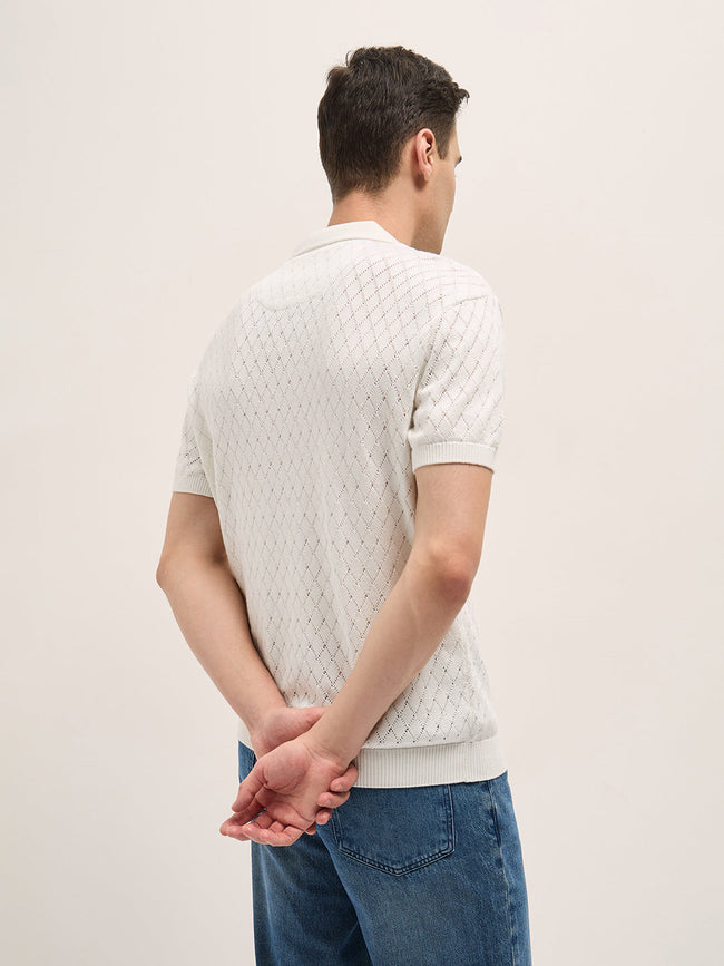 Men White Relaxed Fit Textured Knit Polo