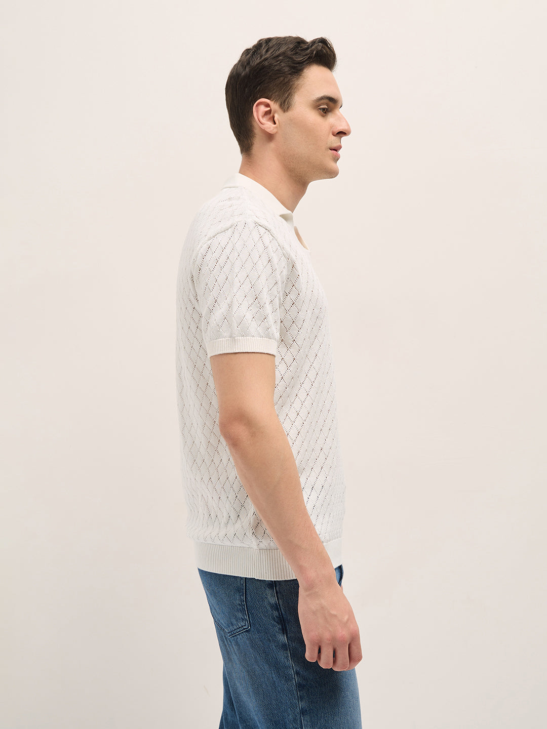 Men White Relaxed Fit Textured Knit Polo