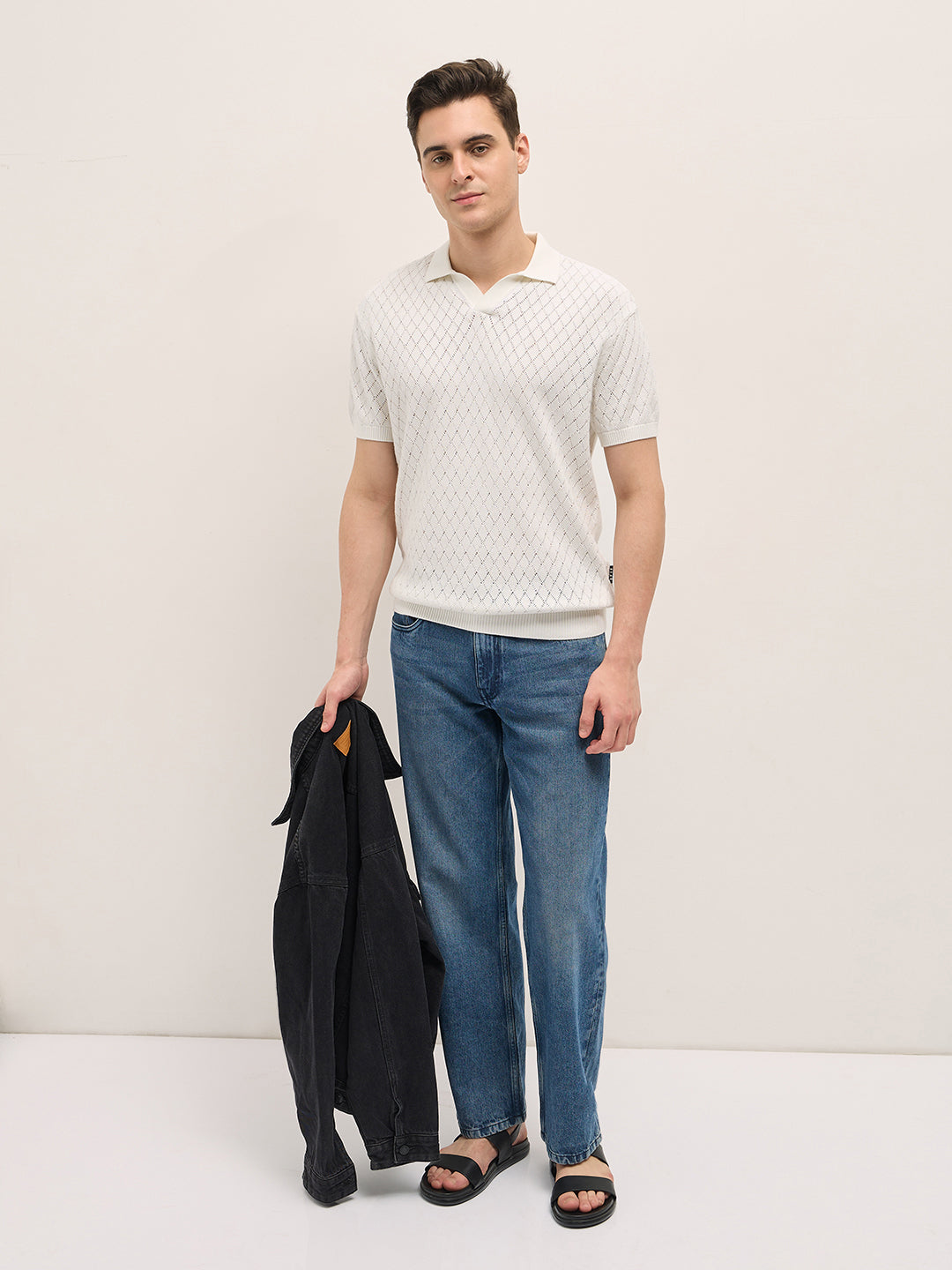 Men White Relaxed Fit Textured Knit Polo