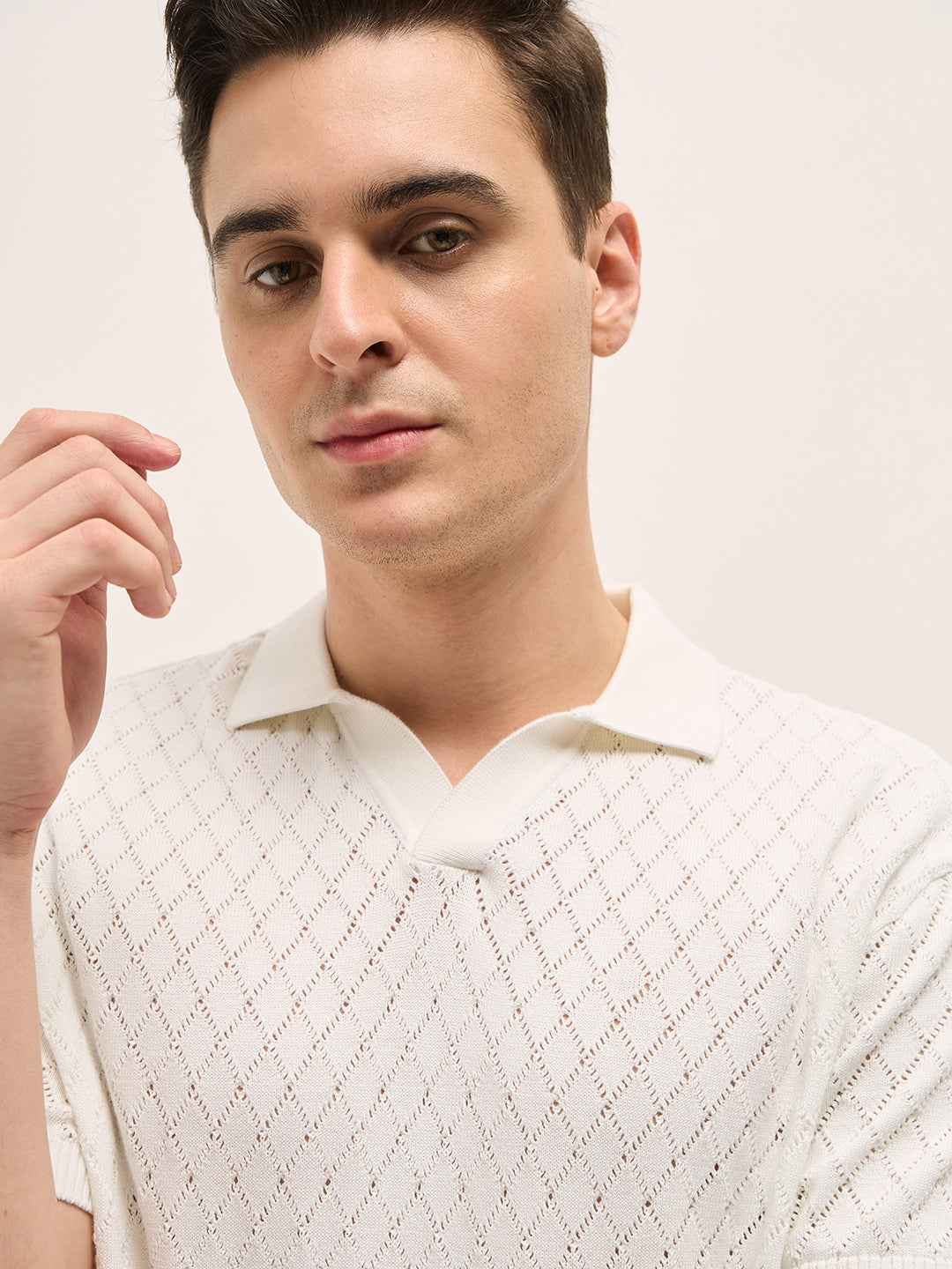 Men White Relaxed Fit Textured Knit Polo