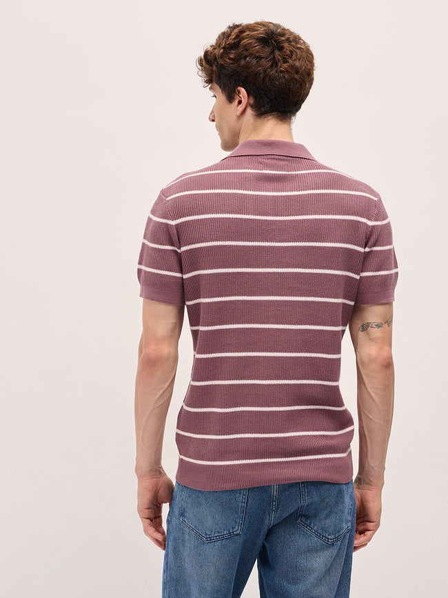Men Purple Texture Horizontal Stripes Slim Fit Polo
