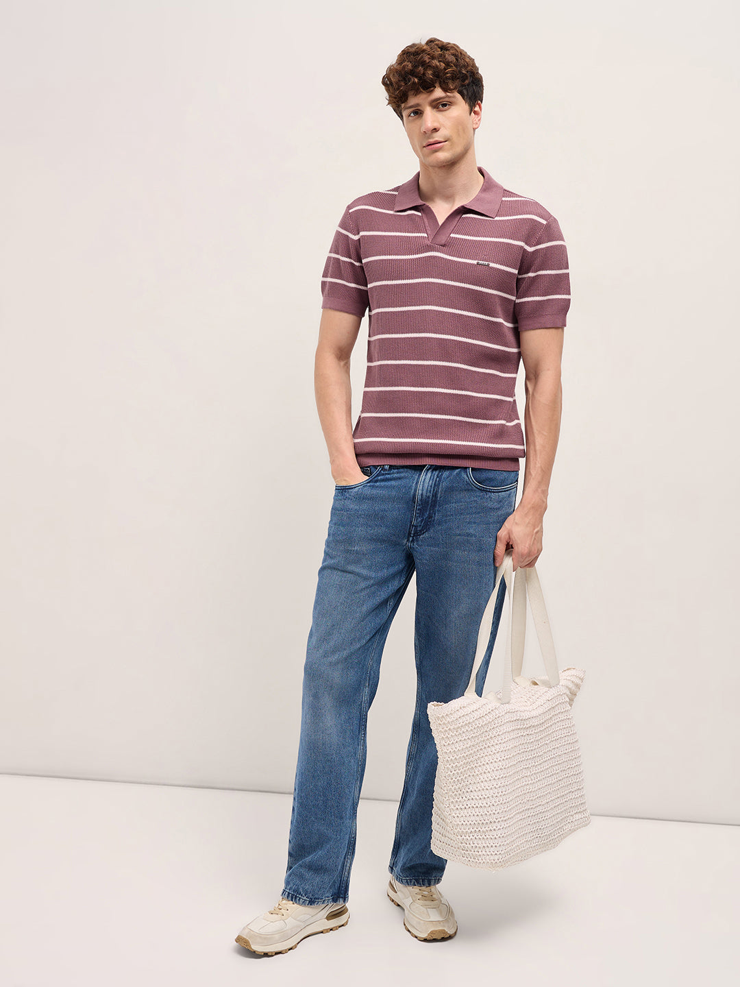 Men Purple Texture Horizontal Stripes Slim Fit Polo
