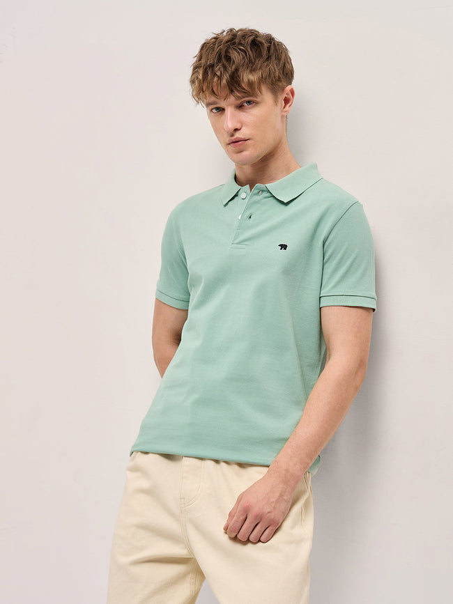 Men Light Green Solid Regular Fit Polo