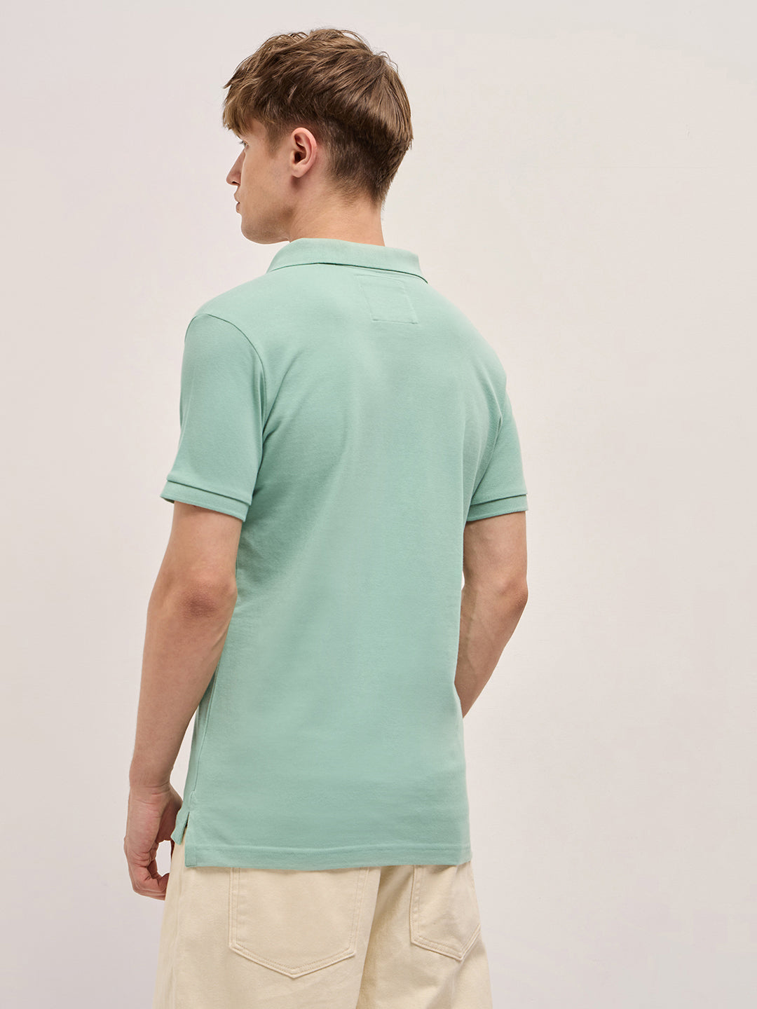 Men Light Green Solid Regular Fit Polo