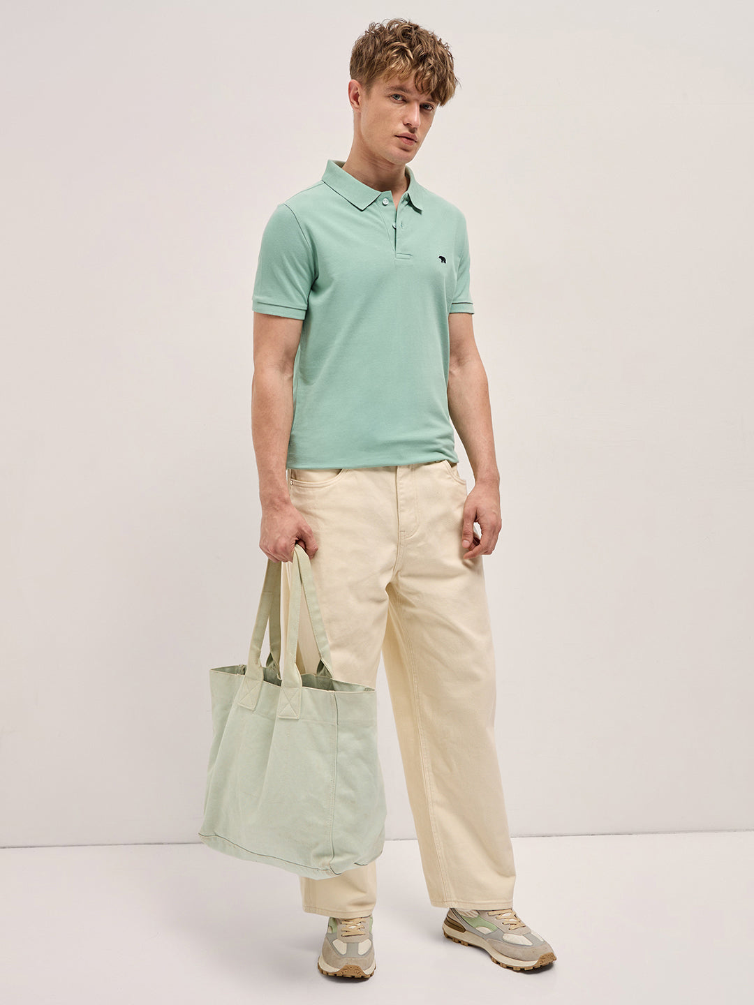 Men Light Green Solid Regular Fit Polo