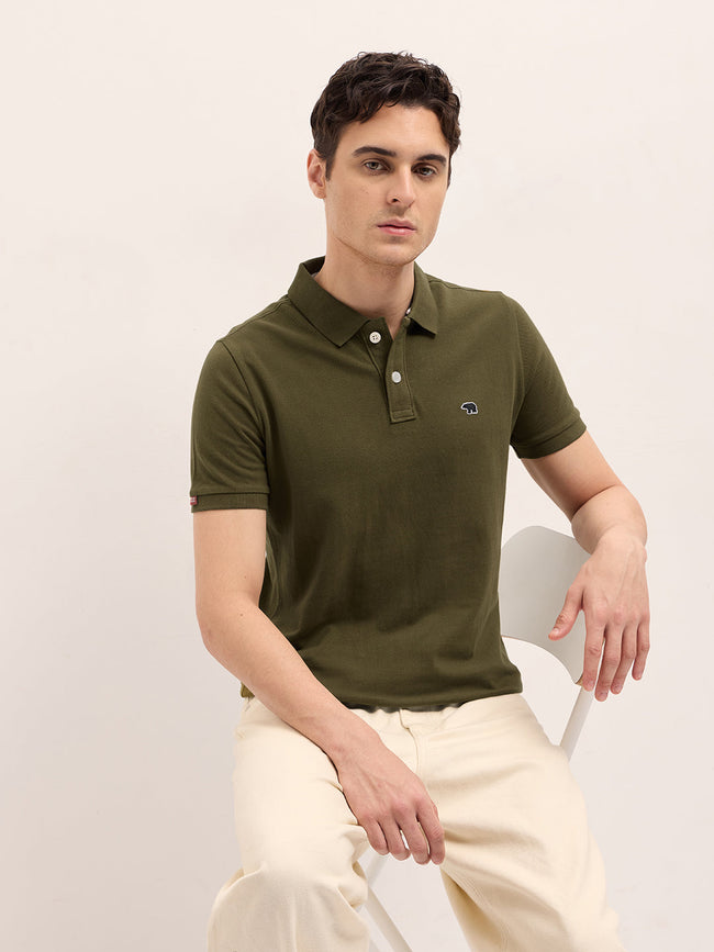 Men Dark Green Solid Regular Fit Polo