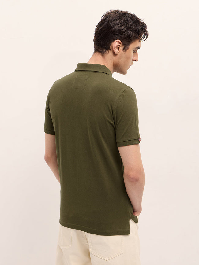 Men Dark Green Solid Regular Fit Polo