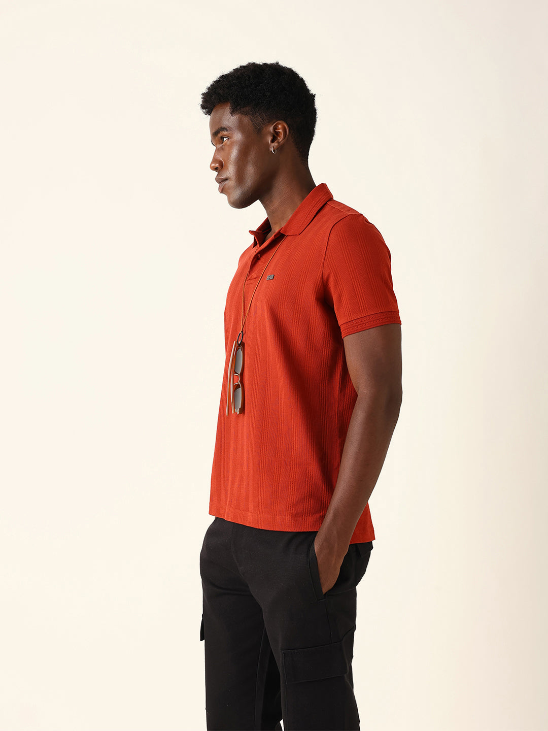 Men Red Self Design Cotton Polo
