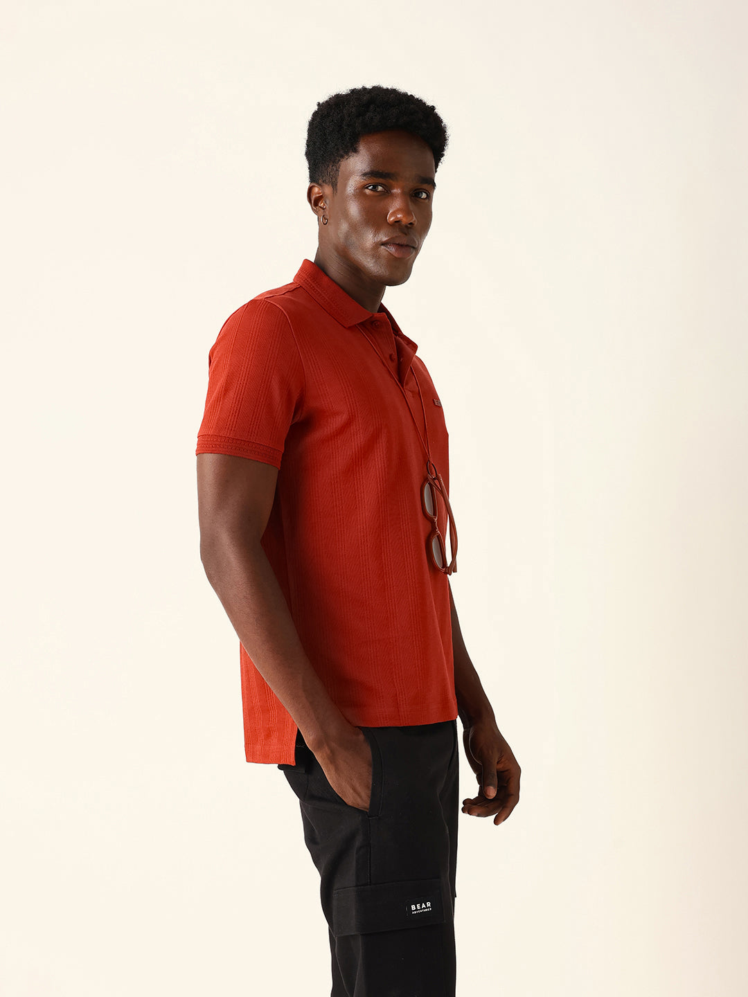 Men Red Self Design Cotton Polo