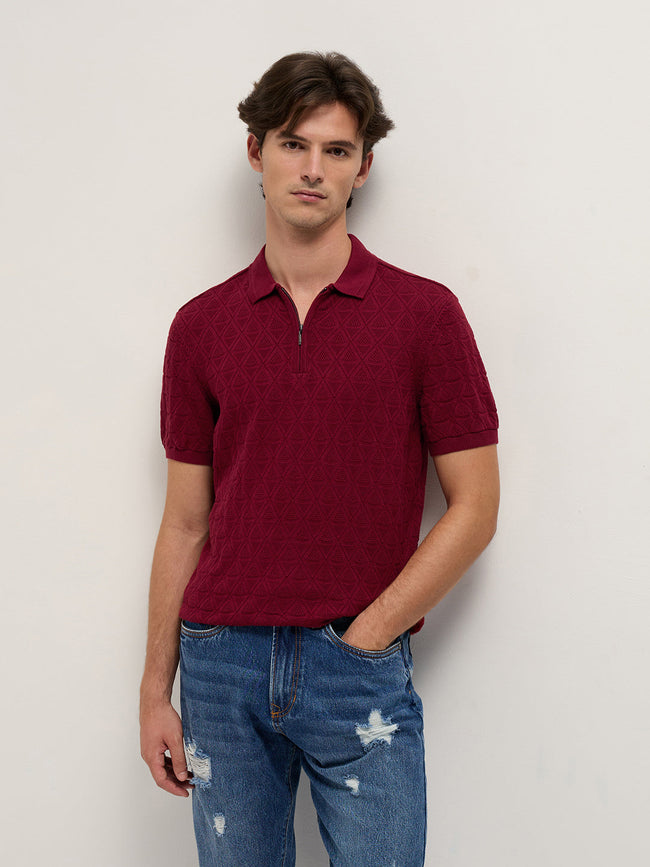 Men Maroon Textured Knit Design Regular Fit Polo