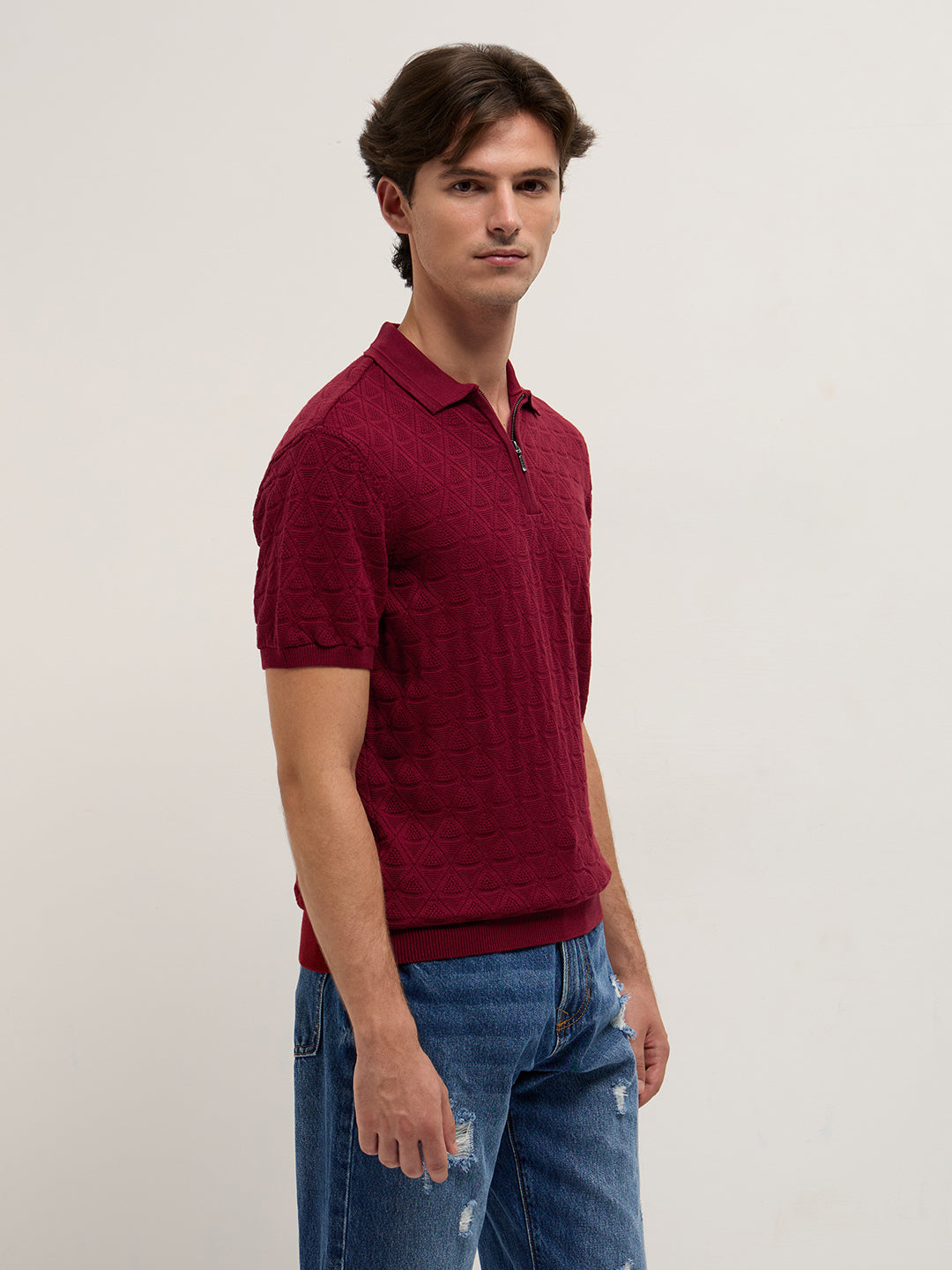 Men Maroon Textured Knit Design Regular Fit Polo