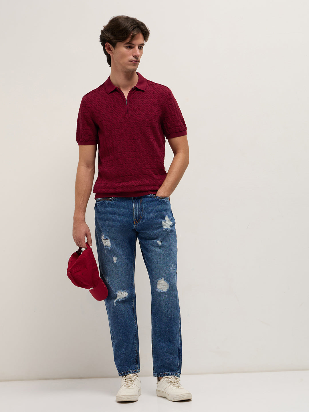 Men Maroon Textured Knit Design Regular Fit Polo