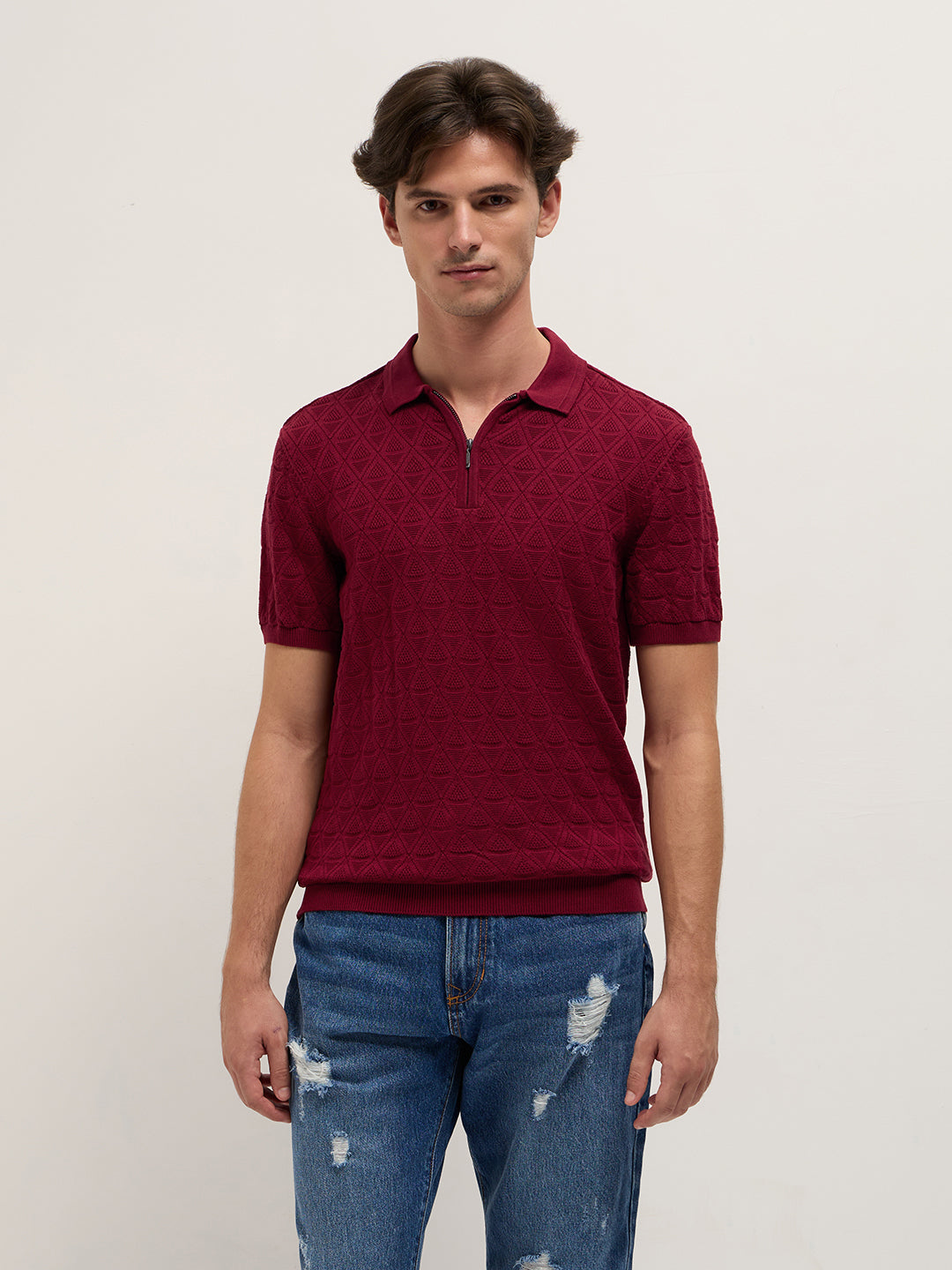 Men Maroon Textured Knit Design Regular Fit Polo